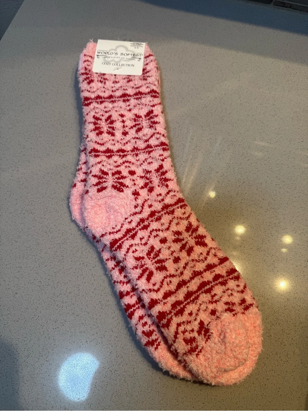 Cozy Plush Pink & Red Fair Isle Casual Socks